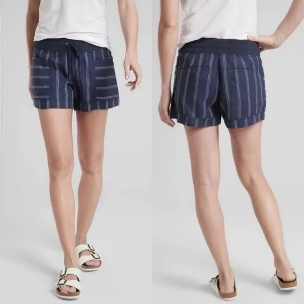 Athleta Shorts Women's Blue Chambray Cabo Linen Elastic Waist Striped 6 A000833